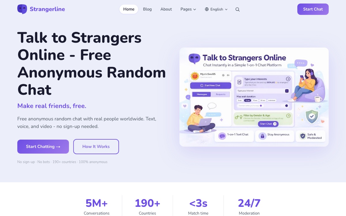 StrangerLine's landing page advertising free anonymous random chat with text, voice, and video, no sign-up needed, with a Start Chatting button and stats for five million conversations across 190 countries.